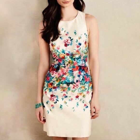 Anthropologie Maeve Floral Sleeveless Ivory Sheath Dress Size 12 - Picture 1 of 16